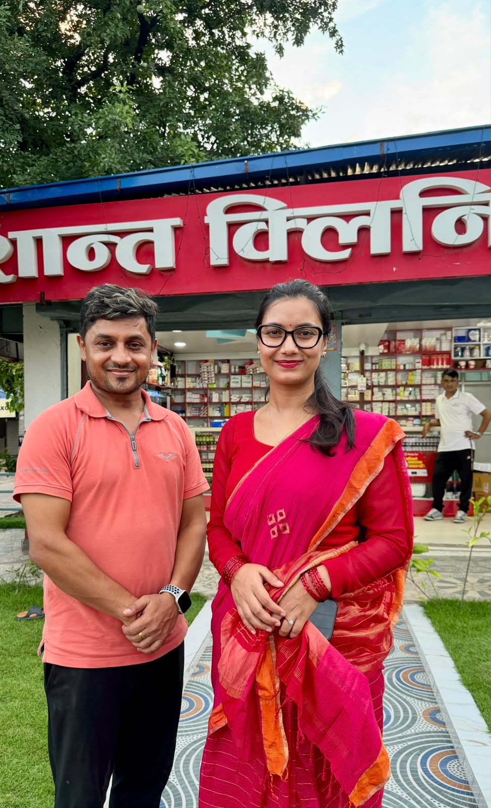 Dr. Sagar Pokherel outside Sushant Clinic with a guest